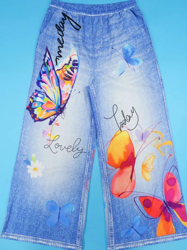 Floral Butterfly Print Wide Leg Jeans