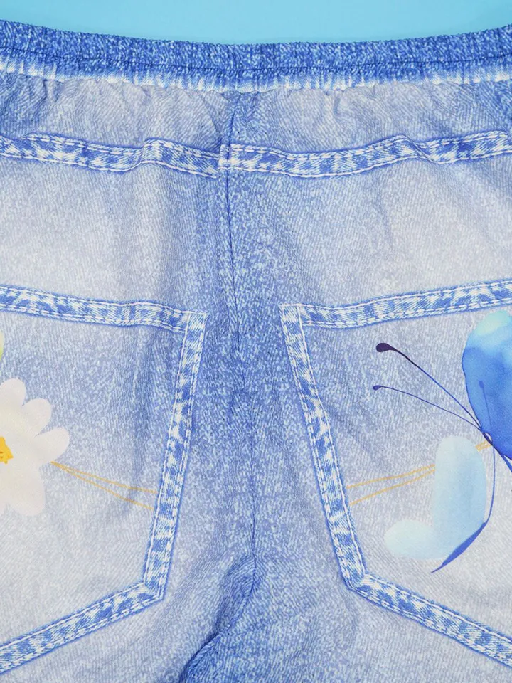 Floral Butterfly Print Wide Leg Jeans