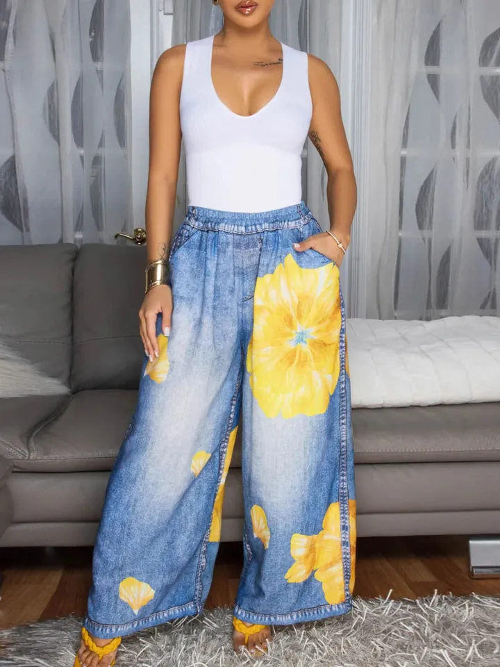 Floral Butterfly Print Wide Leg Jeans
