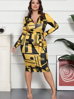 Floral Print Long Sleeve Belted Midi Dress