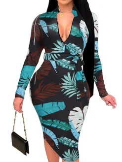 Floral Print Long Sleeve Belted Midi Dress