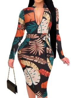 Floral Print Long Sleeve Belted Midi Dress