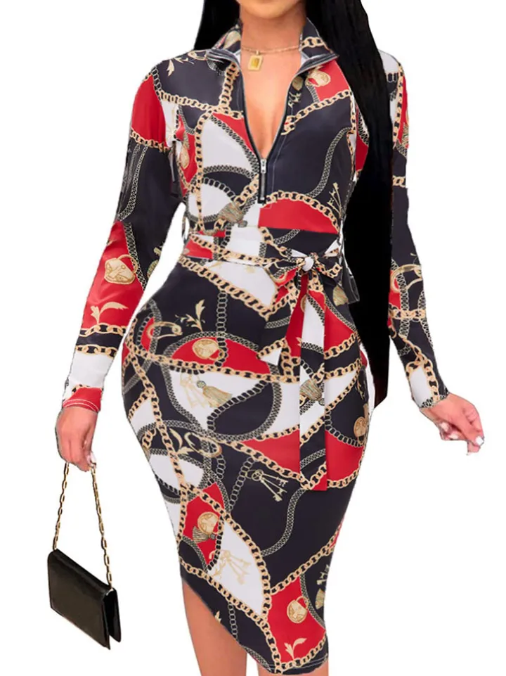 Floral Print Long Sleeve Belted Midi Dress