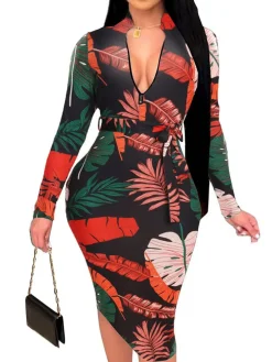 Floral Print Long Sleeve Belted Midi Dress