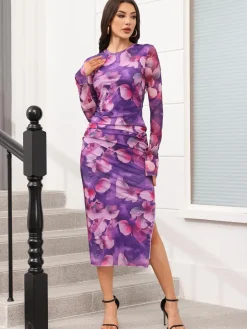 Floral Print Long Sleeve Side Split Dresses