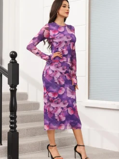 Floral Print Long Sleeve Side Split Dresses
