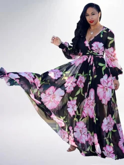 Floral Print Pleated Maxi Dress