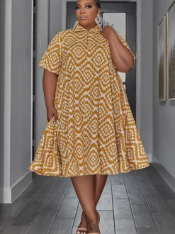 Flowy Plus Size Shirt Collar Short Sleeve Midi Dress