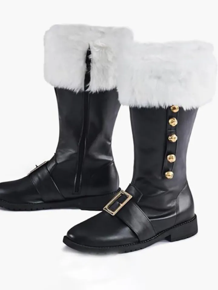 Fur Trim Buckles Bell Decor Santa Boots