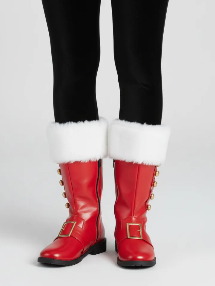 Fur Trim Buckles Bell Decor Santa Boots