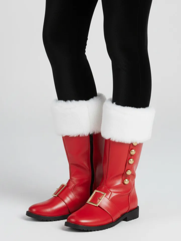 Fur Trim Buckles Bell Decor Santa Boots