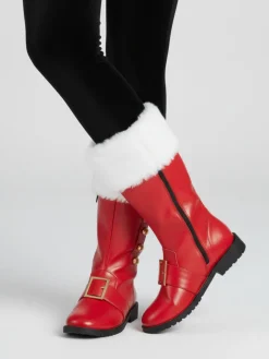 Fur Trim Buckles Bell Decor Santa Boots