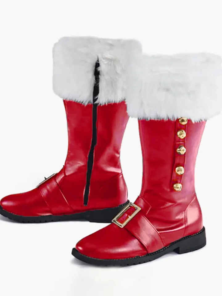 Fur Trim Buckles Bell Decor Santa Boots
