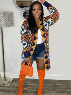 Geometric Long Sleeve Printed Bodycon Cardigan