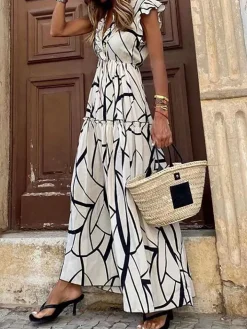 Geometric Print V-Neck Ruffle Hem Maxi Dress