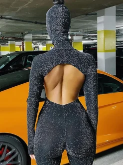 Glitter Backless Long Sleeve Jumpsuit