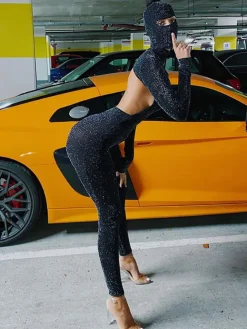 Glitter Backless Long Sleeve Jumpsuit