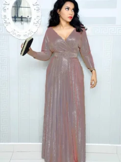 Glitter Long Sleeve V Neck Pleated Maxi Dress