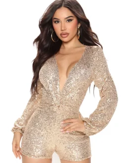 Glitter Sequins Long Sleeves Zipper Romper
