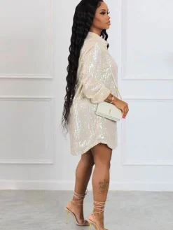 Glitter Sequins Long Sleeve Mini Shirt Dress