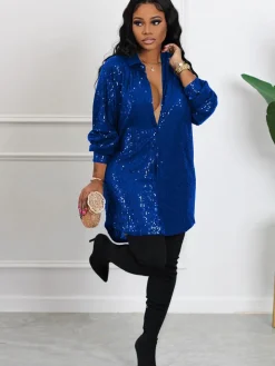 Glitter Sequins Long Sleeve Mini Shirt Dress