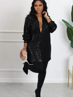 Glitter Sequins Long Sleeve Mini Shirt Dress