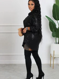Glitter Sequins Long Sleeve Mini Shirt Dress