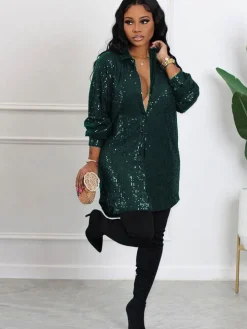 Glitter Sequins Long Sleeve Mini Shirt Dress