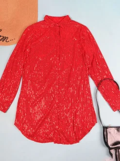 Glitter Sequins Long Sleeve Mini Shirt Dress