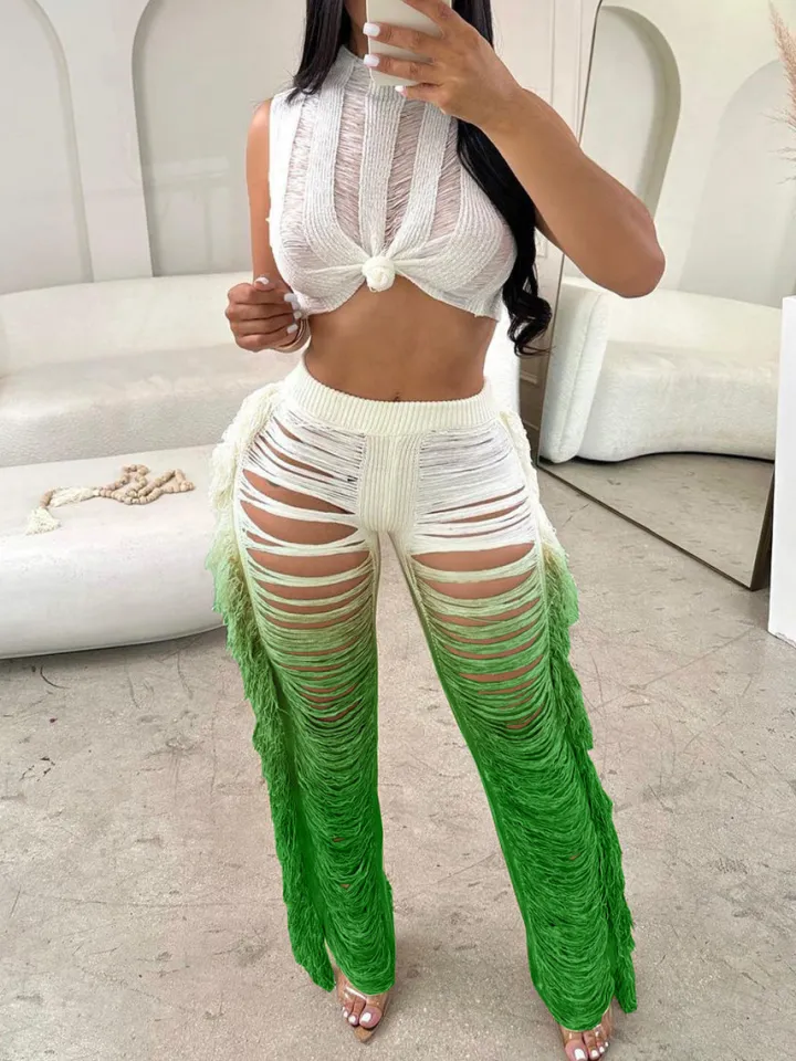 Gradient Crochet Halter Top Fringe Pants Set