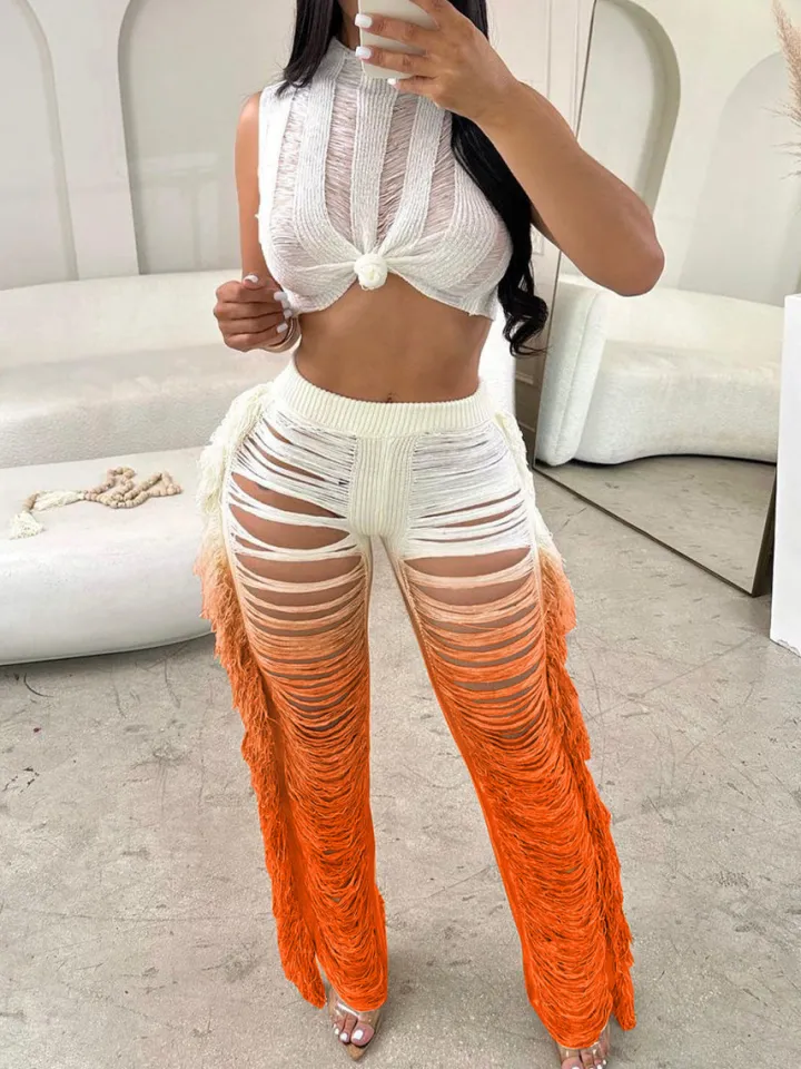 Gradient Crochet Halter Top Fringe Pants Set