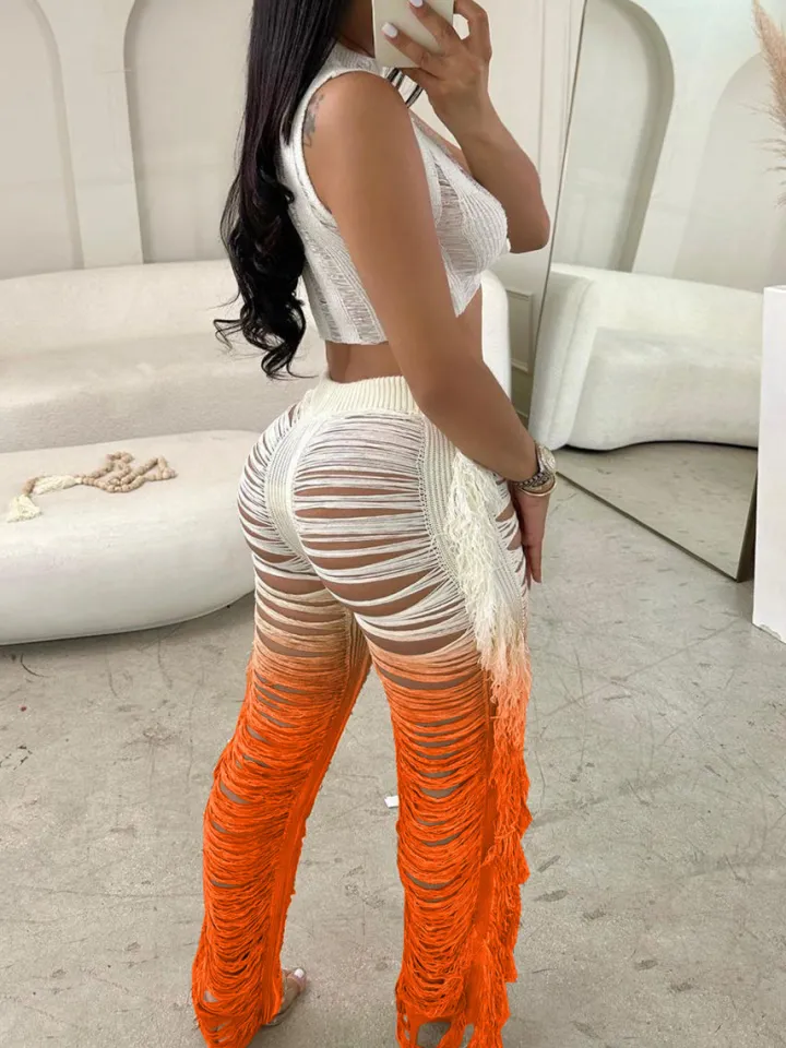 Gradient Crochet Halter Top Fringe Pants Set