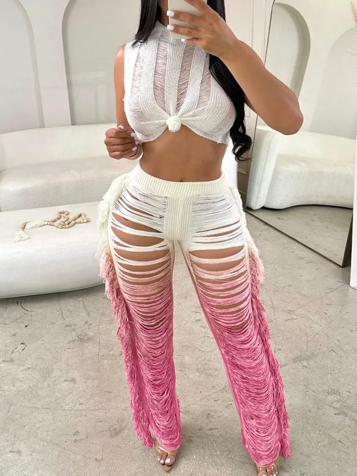 Gradient Crochet Halter Top Fringe Pants Set