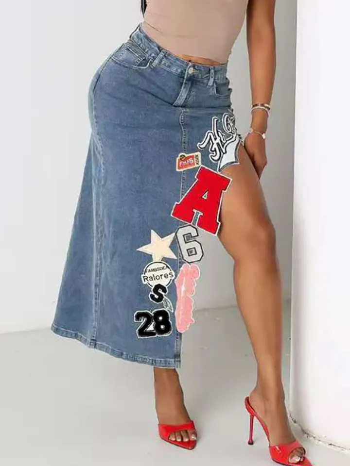 Graffiti Patchwork High Slit Denim Midi Skirt