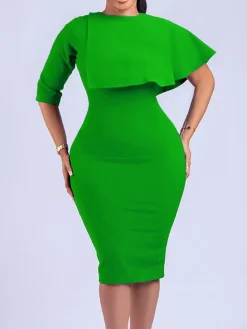 Half Sleeve Asymmetrical Bodycon Midi Dress
