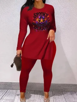 Halloween Print Split Hem Pants Set