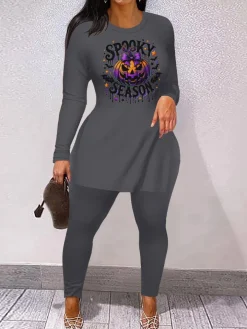Halloween Print Split Hem Pants Set