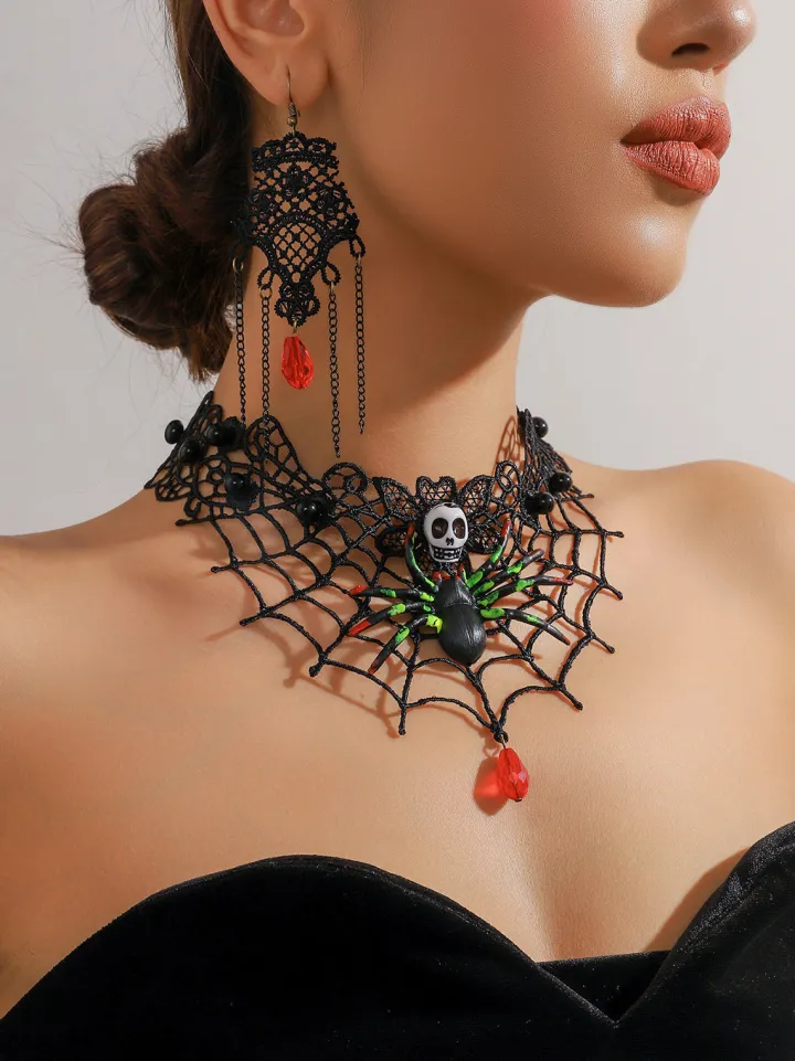 Halloween Skull Spider Lace Necklace u0026 Earring Set