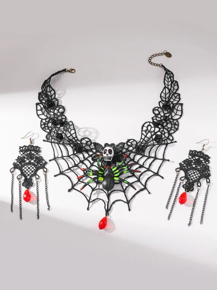 Halloween Skull Spider Lace Necklace u0026 Earring Set