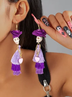 Halloween Skull Tassel Beaded Earrings