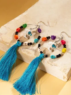 Halloween Skull Tassel Beaded Earrings
