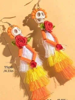 Halloween Skull Tassel Beaded Earrings