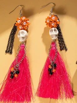 Halloween Skull Tassel Beaded Earrings