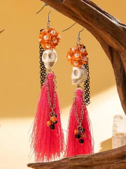 Halloween Skull Tassel Beaded Earrings