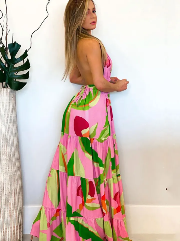 Halter Neck Backless Floral Print Maxi Dressses
