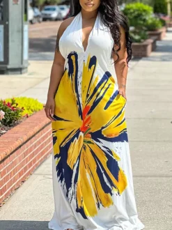 Halter Neck Backless Floral Print Maxi Dress
