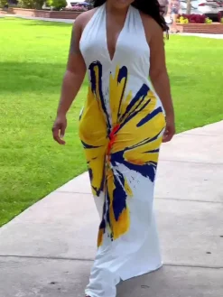 Halter Neck Backless Floral Print Maxi Dress