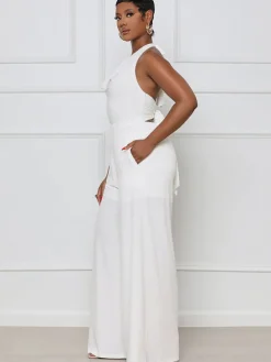 Halter Neck Backless Lace Up Wide Leg Jumpsuit