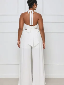 Halter Neck Backless Lace Up Wide Leg Jumpsuit