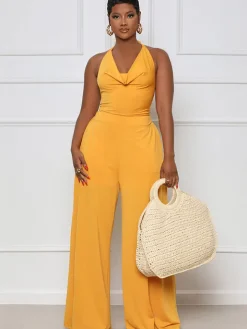 Halter Neck Backless Lace Up Wide Leg Jumpsuit